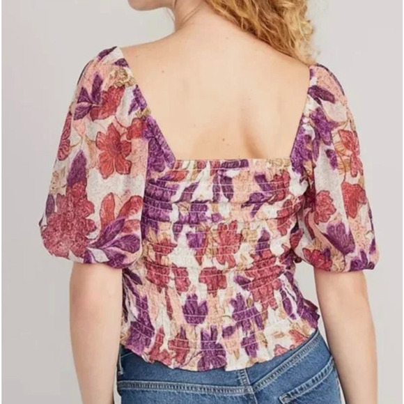 Old Navy L Floral Smocked Peasant Top Boho Square Neck Peasant Autumn Blouse NWT - Picture 2 of 8